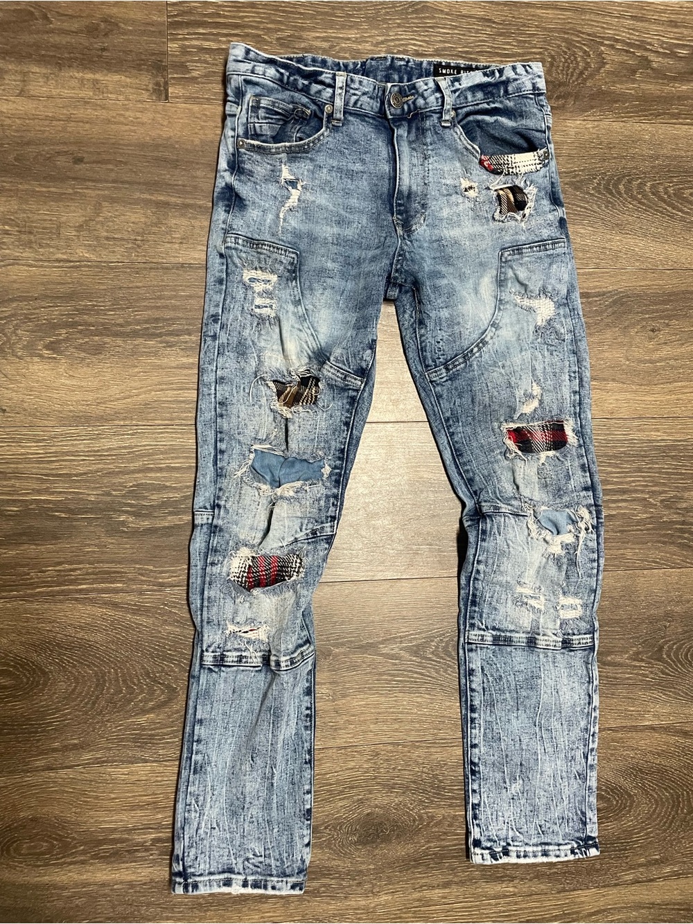 Smoke Rise 32 x 32 Men's Distressed Blue Patchwork Jeans denim slim